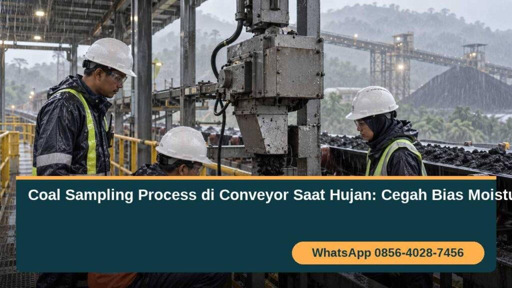 Coal sampling process di conveyor saat hujan dengan perlindungan sampel batubara dari air