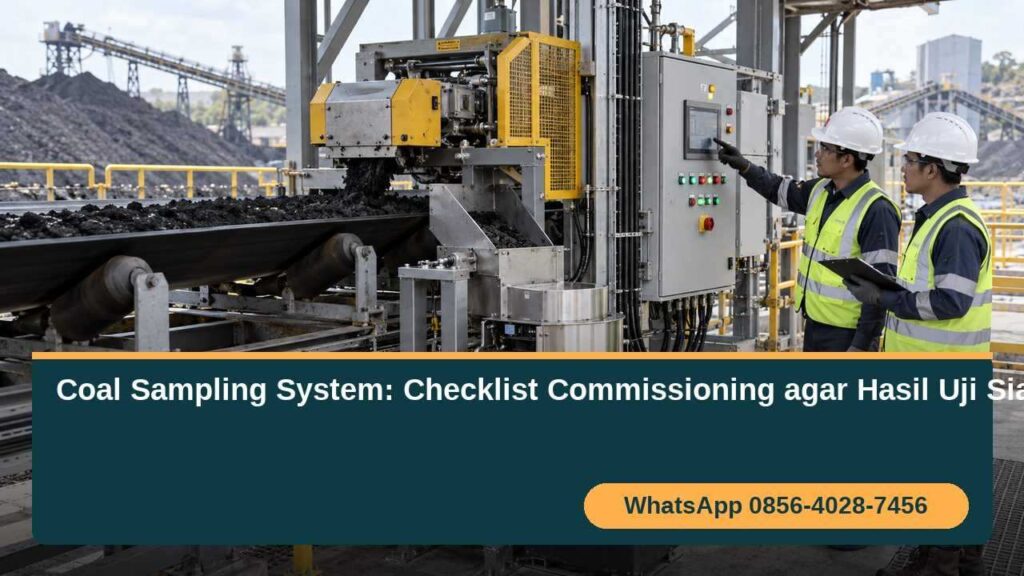 Coal sampling system saat commissioning di conveyor tambang batubara dengan teknisi memeriksa cutter
